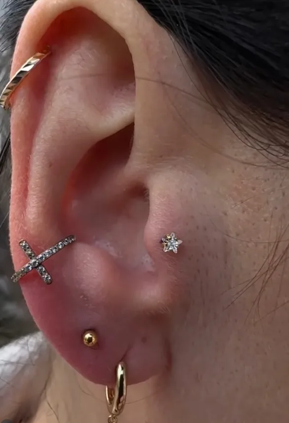 Ear piercings with gold jewellery