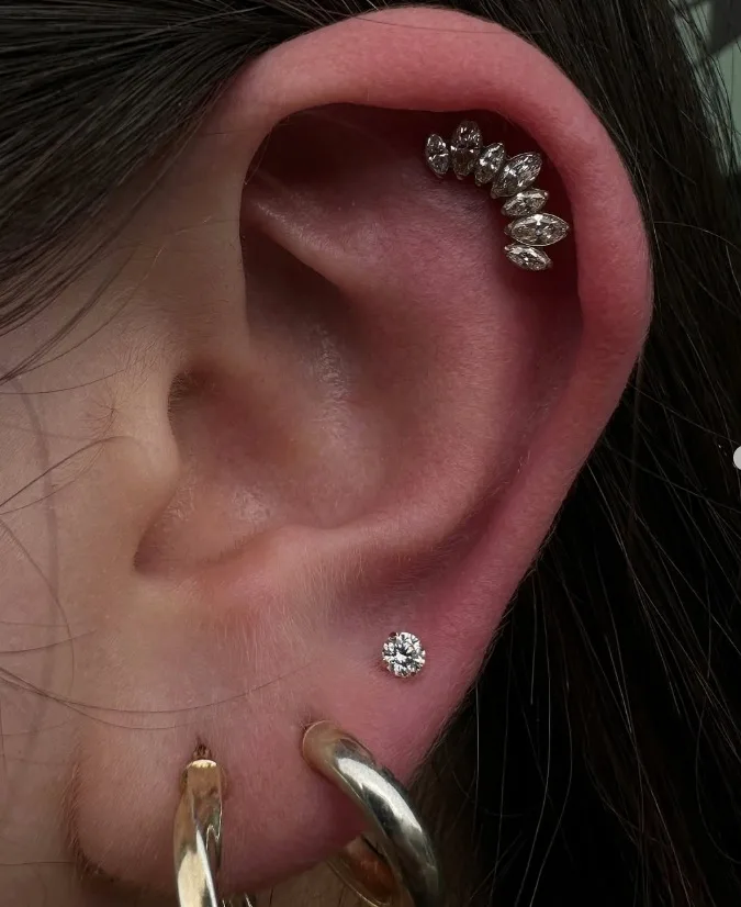 A curated ear with several piercings